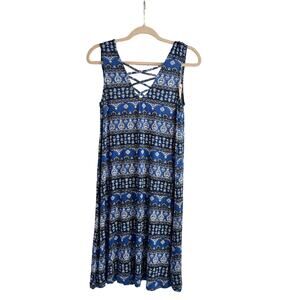 Pink Rose Blue Boho Print Dress L Criss Cross Front NWOT
